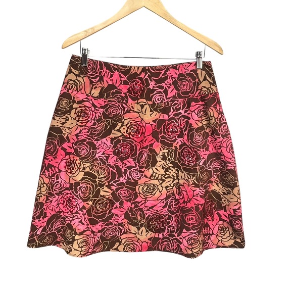 Kim & Cami Dresses & Skirts - Kim & Cami Floral A-Line Skirt Roses Cotton Brown Pink Red Zip Back Size Large